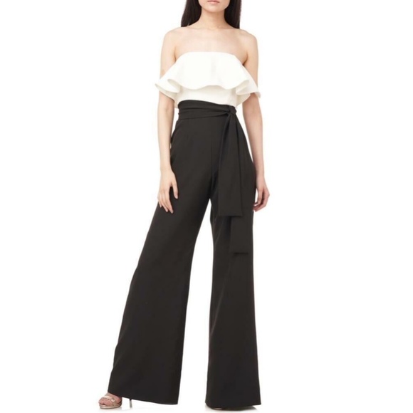 NEW LOVE BY THEIA Black & White STRAPLESS Tie Waist RUFFLE Cocktail JUMPSUIT 12 - Picture 14 of 16